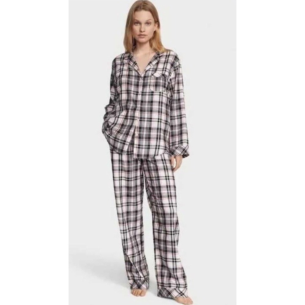 Victoria Secret Pajama Set Flannel Black Pink Silver Long‎ Sleeves Women's XL